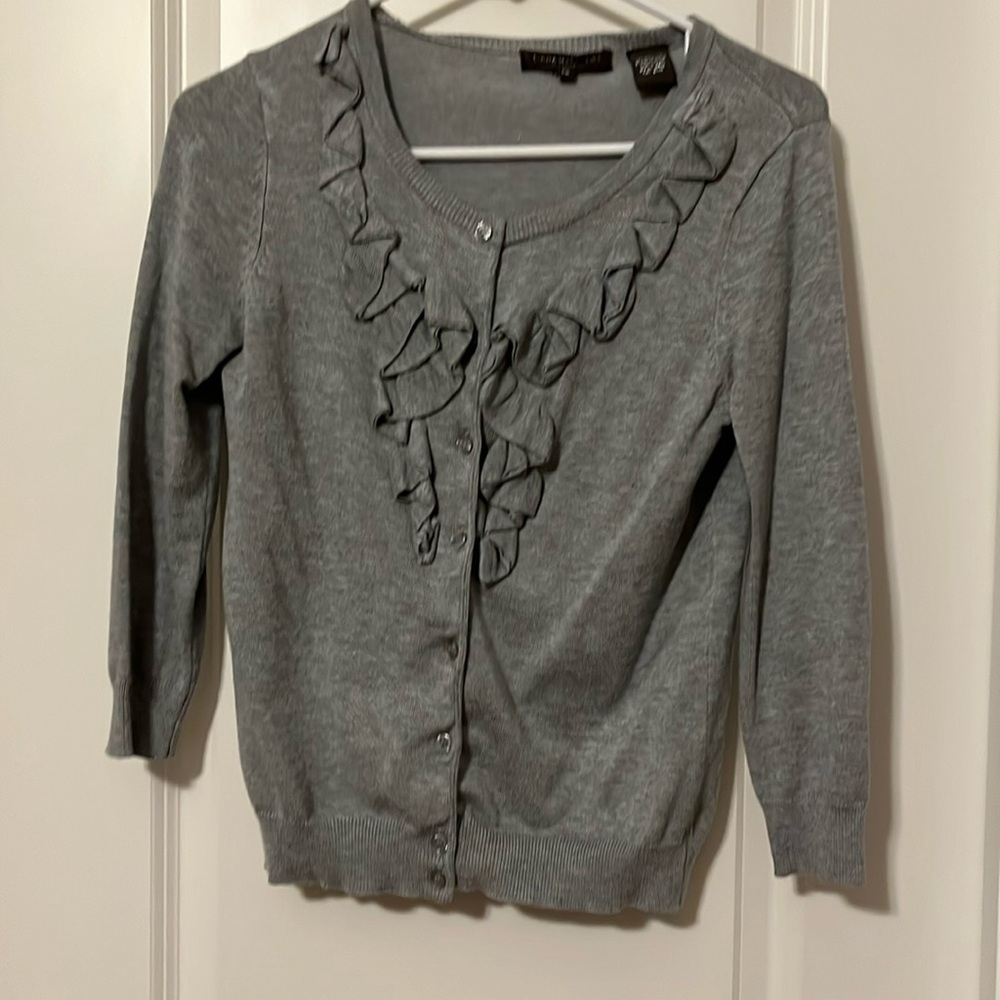 Linda Matthews gray cardigan with ruffles
